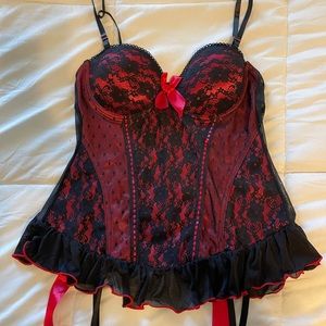 Red and black lingerie with garters